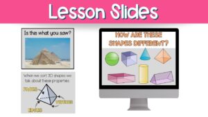 This slide shows 3 example slides from the 3d shape unit: a pyramid from Egypt, a pyramid 3d shape with labels, and a slide that shows many 3d shapes.