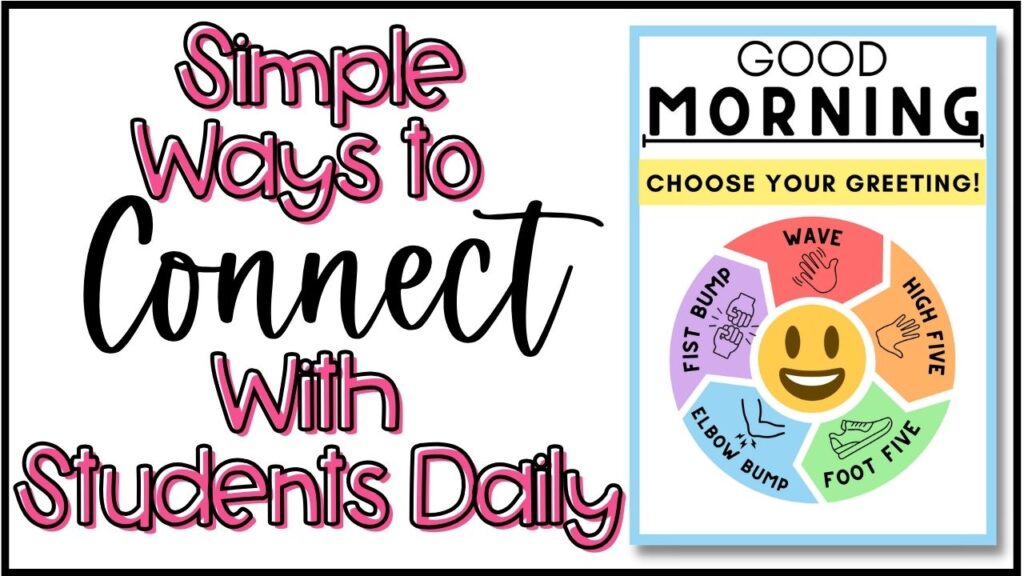 Graphic says "Ways to Connect with Students Daily" and a photo of one of the 5 posters used for the classroom morning routine allowing students to "choose your own greeting".