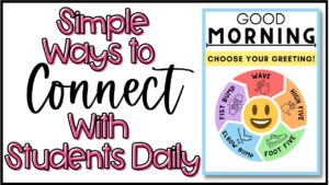 Title: Ways to Connect with Students Daily and a photo of one of the 5 posters used for the classroom morning routine allowing students to "choose your own greeting".