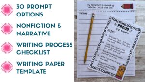 Photo shows what's included in the printable journal prompts unit: 30 nonfiction and narrative writing prompts, writing process checklist and writing paper template