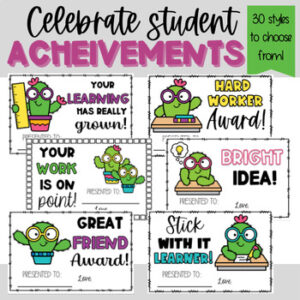 Graphic shows 6 student certificates. Each has a cactus and encouraging note.