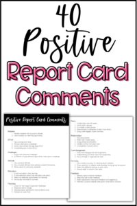 This photo shows 2 pages of printable positive report card comment ideas pdf.