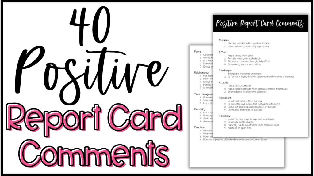 The photo says "40 positive report card comments" and shows 2 pages that are printable report comment pdf pages.