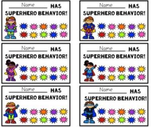 Graphic shows 6 punch cards with students dressed up as superheroes.